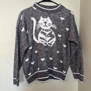 Vintage Katie Sweater Womens Small Gray White Cat Hearts Knit Soft Pullover 90s